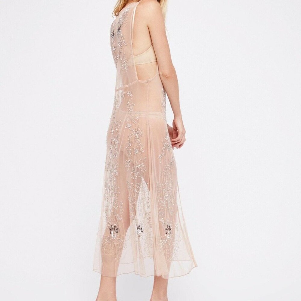 Free People Sheer Floral Embroidered Chemise - Cream NEW NWOT